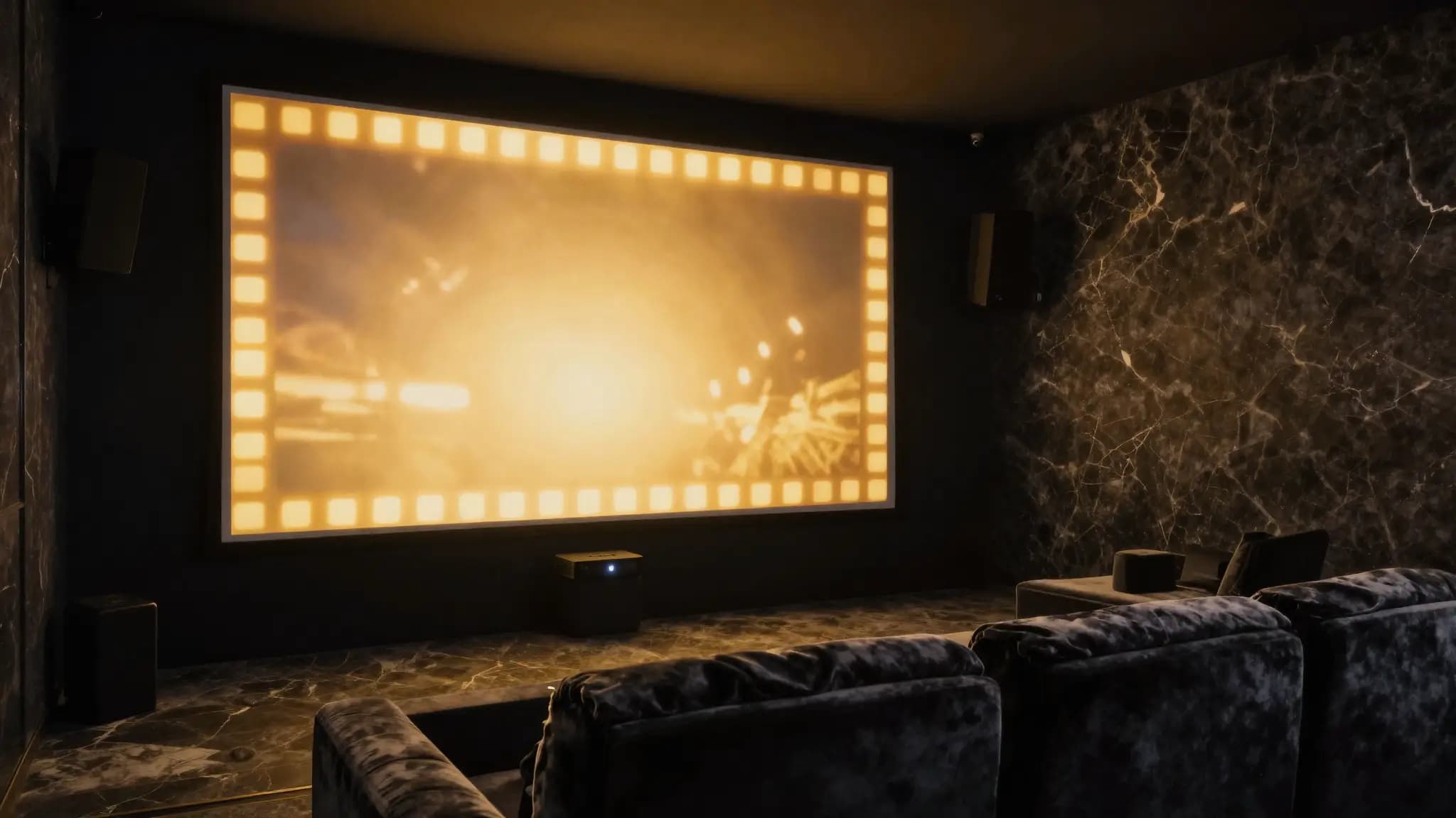 A private home cinema with a glowing screen and plush seating