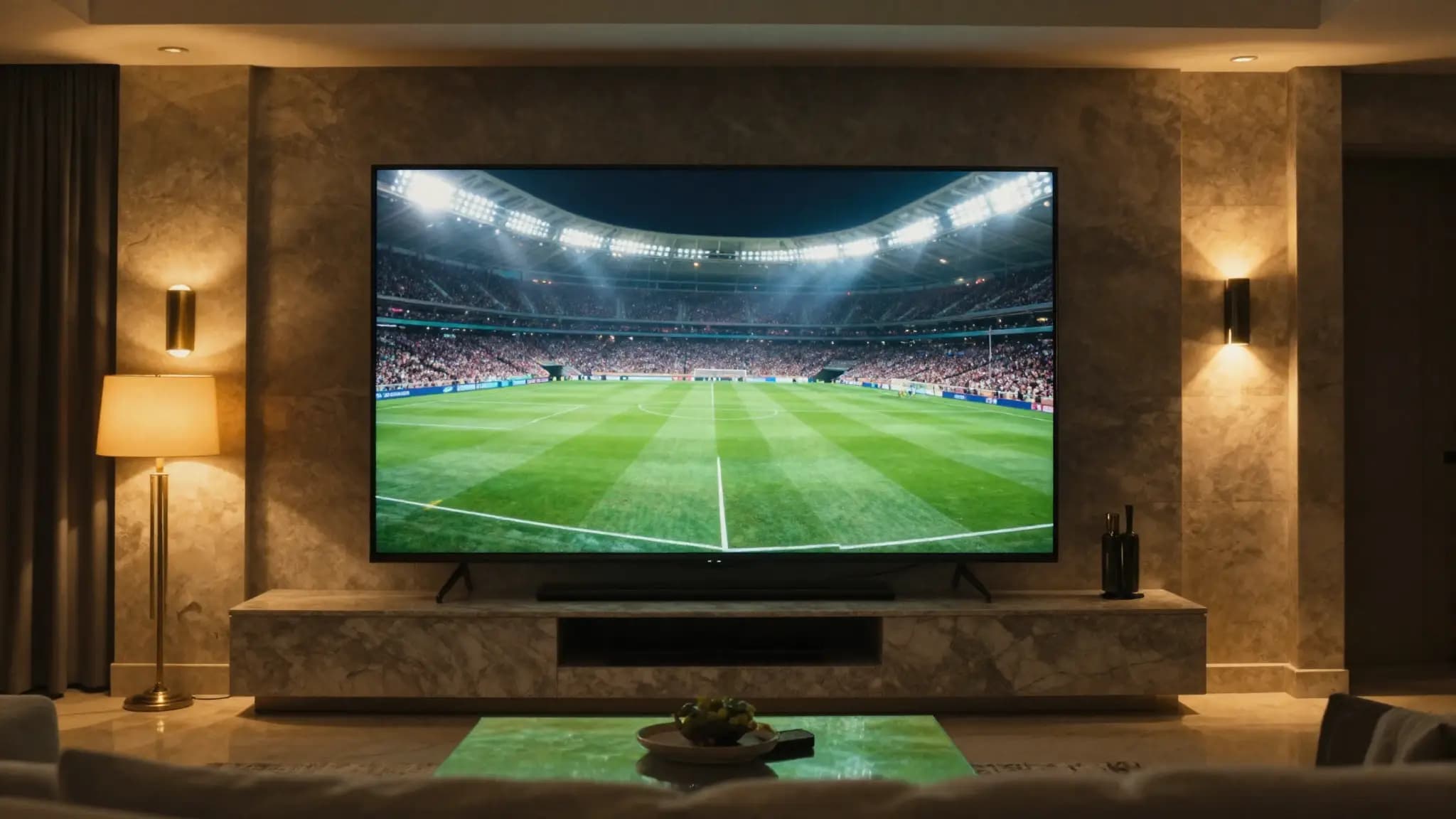A live football match on a large 4K television in a luxurious Maltese living room
