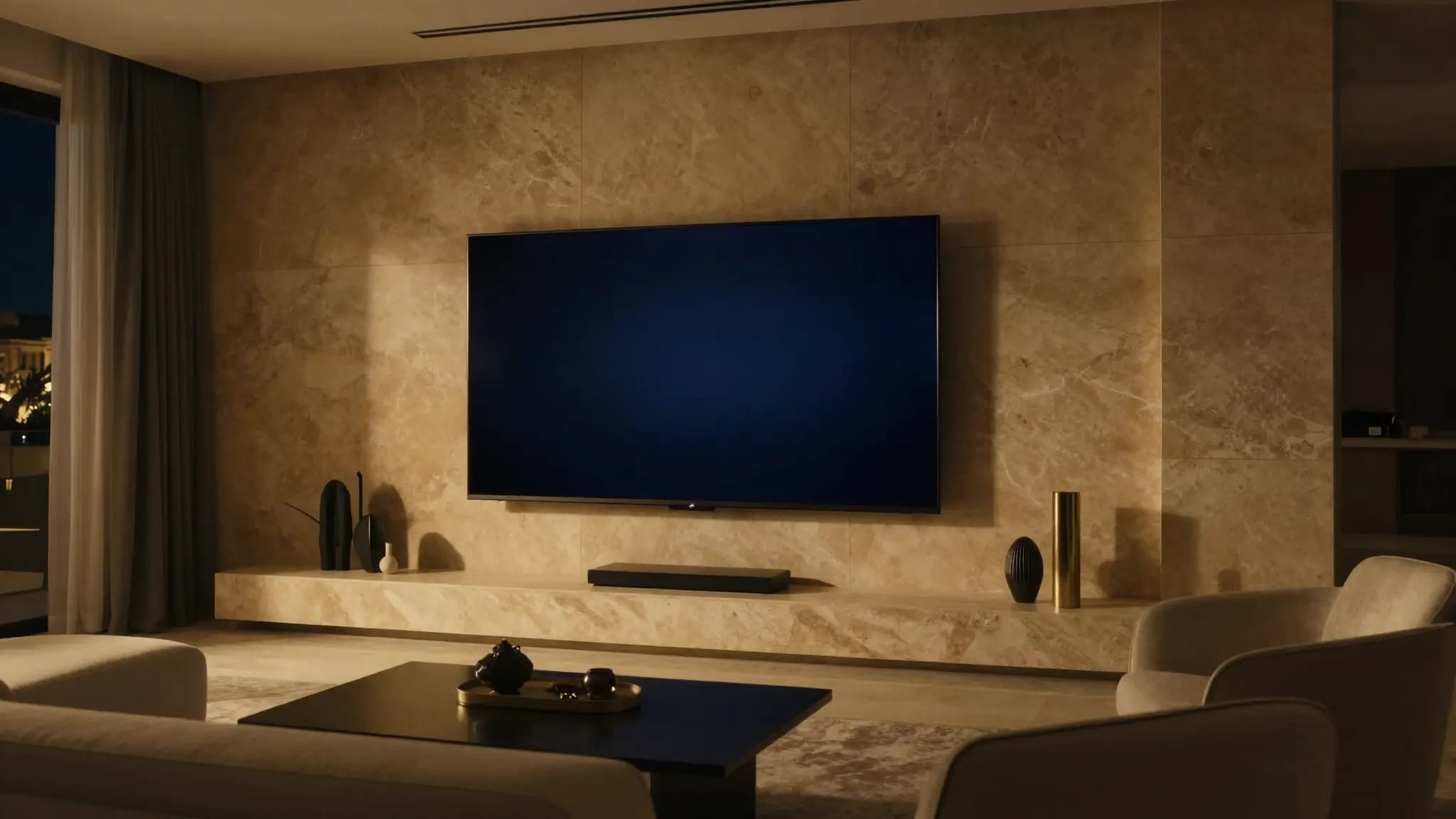 A premium 4K television glowing in an elegant limestone living room at night in Malta