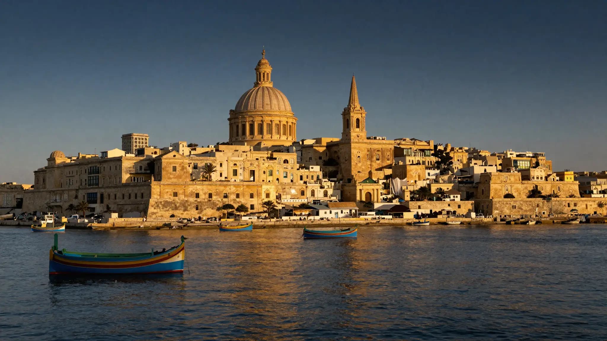 The Valletta skyline and harbour in Malta at golden hour, with a traditional luzzu boat